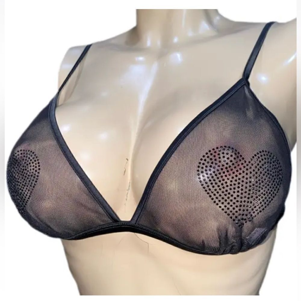 Victorias Secret Bling Rhinestone Heart Sexy sheer mesh unlined bralette black M